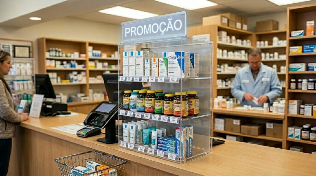 Expositor em acrílico aplicado em farmácia